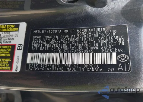 2010 Toyota Matrix from USA, damaged, VIN 2T1KU4EE4AC520945